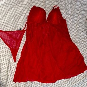Red FashionNova XL Forbidden Fling Lace Baby Doll 2 Piece Set